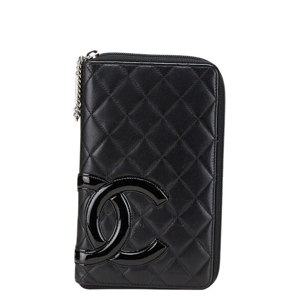 CHANEL Handbags - CHANEL Black Lambskin Leather Logo Wallet